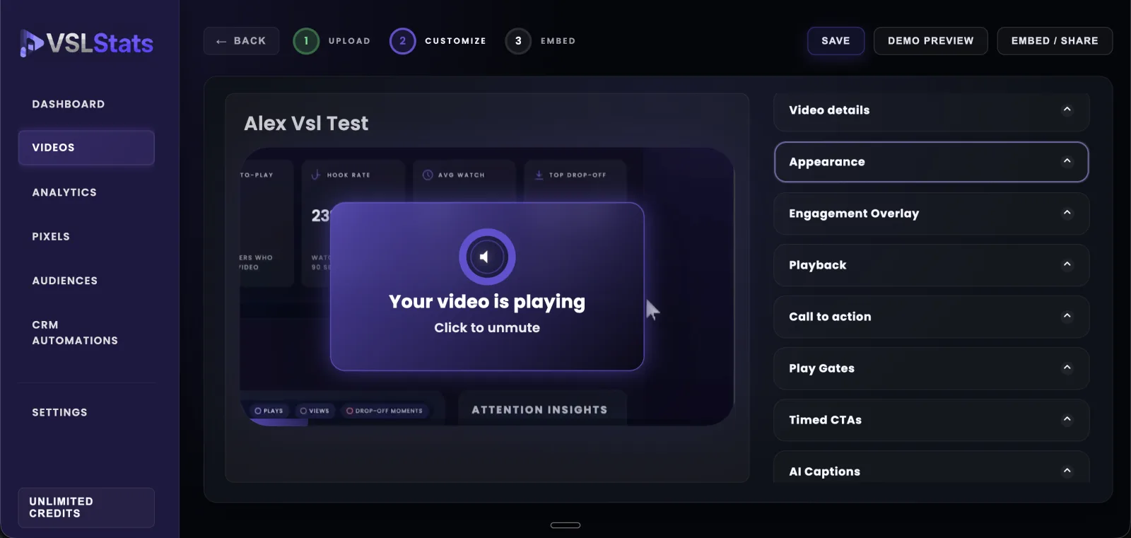 VSLStats customise panel: Appearance, Engagement Overlay, Playback, Call to action, Play Gates, Timed CTAs and AI Captions