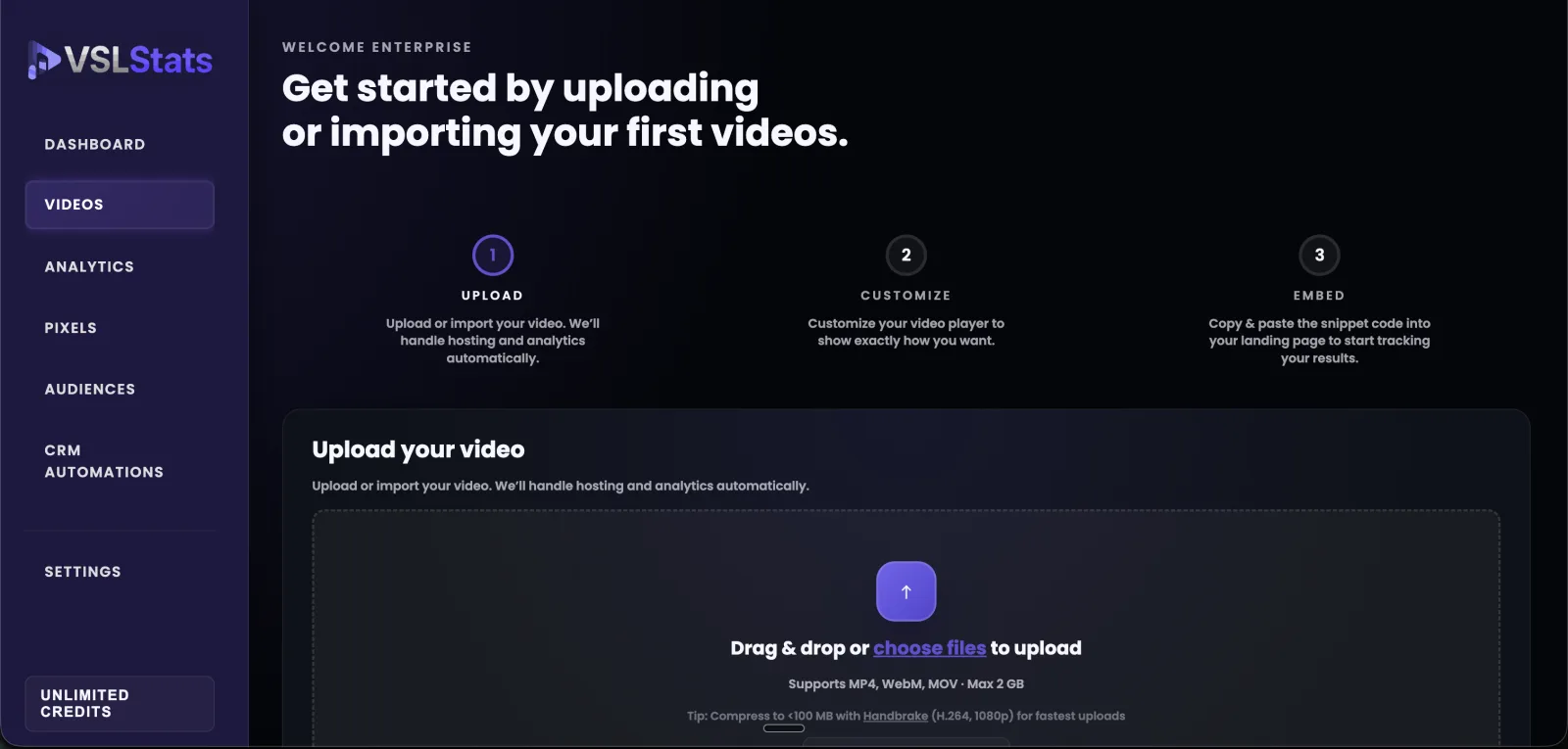 VSLStats upload screen: drag-and-drop upload with the Upload, Customize, Embed stepper
